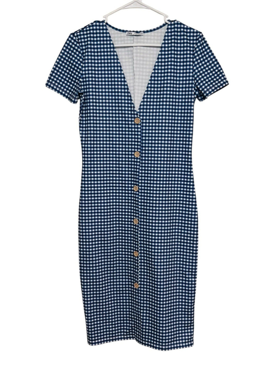 Zara Dresses & Skirts - Zara Gingham Checked Dress Womens Medium Blue White Midi Stretch Summer Vacation